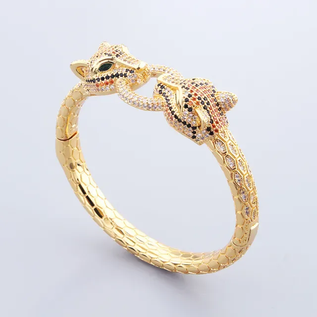 Gold and Silver Animal-Head Pavé Stone Snake-Scale Bangle Bracelets 7