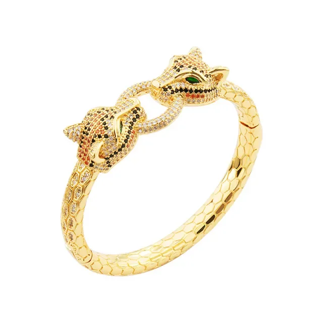 Gold and Silver Animal-Head Pavé Stone Snake-Scale Bangle Bracelets 8