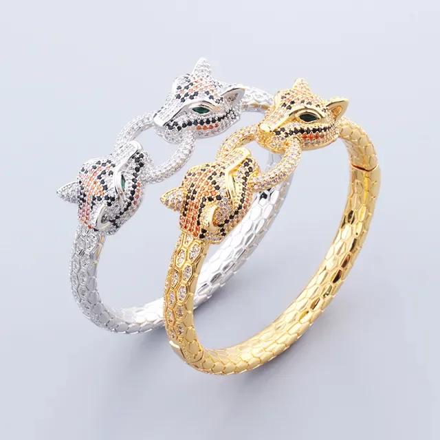 Gold and Silver Animal-Head Pavé Stone Snake-Scale Bangle Bracelets 9
