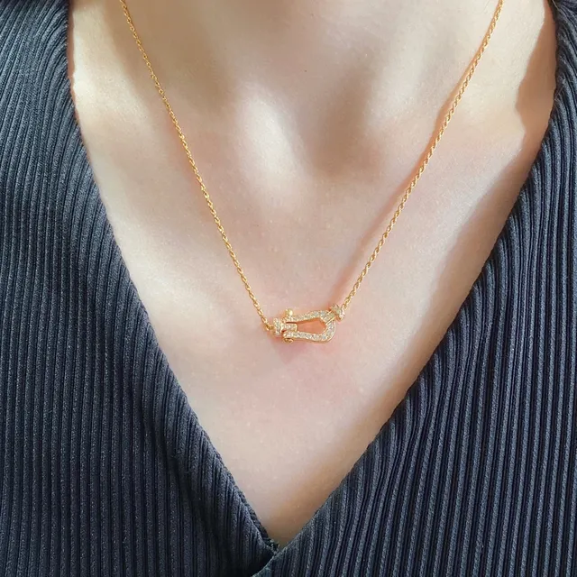 Gold and Silver Tone Pavé U-Shaped Pendant Necklaces 8
