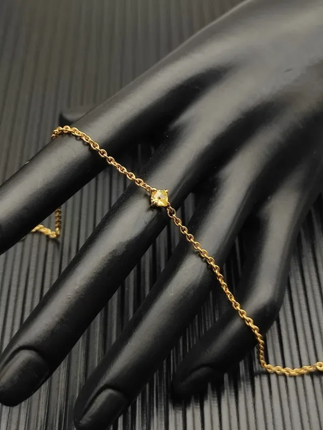 Gold Beige Rope Chain Single Faceted Stone Pendant Bracelet 5