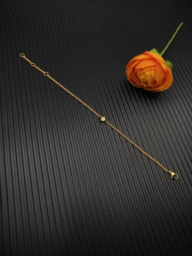 Gold Beige Rope Chain Single Faceted Stone Pendant Bracelet 6