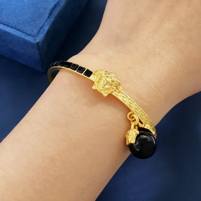 Gold Black Open Cuff Geometric Inlay Bracelet 3