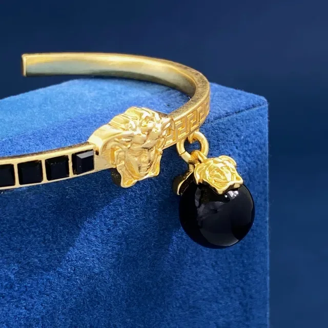Gold Black Open Cuff Geometric Inlay Bracelet 4