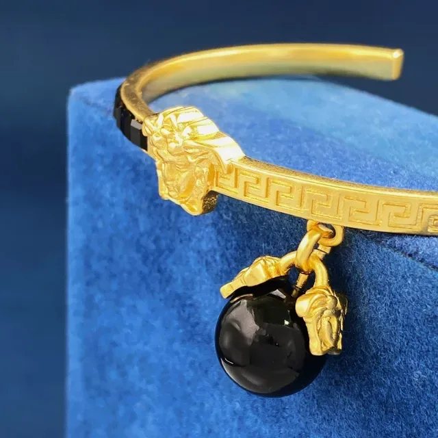 Gold Black Open Cuff Geometric Inlay Bracelet 6