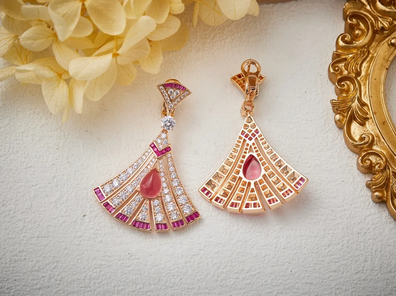 Gold Fan-Shaped Pavé Gemstone Earrings 6