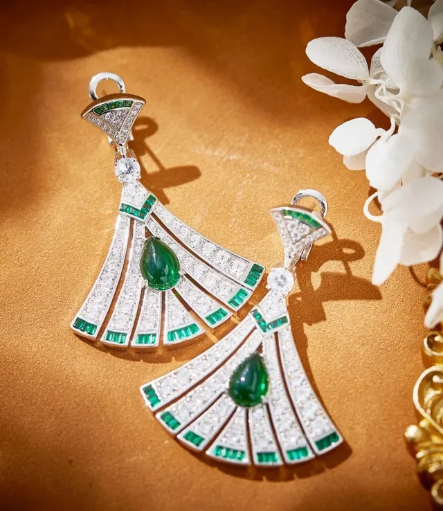 Gold Fan-Shaped Pavé Gemstone Earrings 7