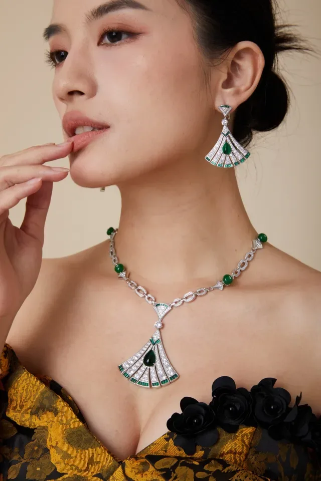 Gold Fan-Shaped Pavé Gemstone Earrings 8