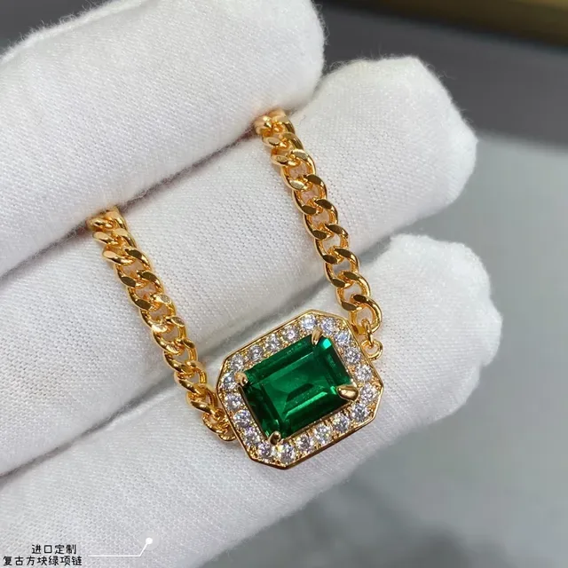 Gold Green Curb Chain Emerald-Cut Gemstone Necklace 3