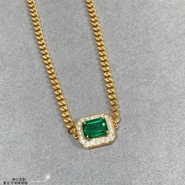 Gold Green Curb Chain Emerald-Cut Gemstone Necklace 4