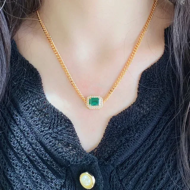 Gold Green Curb Chain Emerald-Cut Gemstone Necklace 5