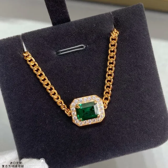 Gold Green Curb Chain Emerald-Cut Gemstone Necklace 6