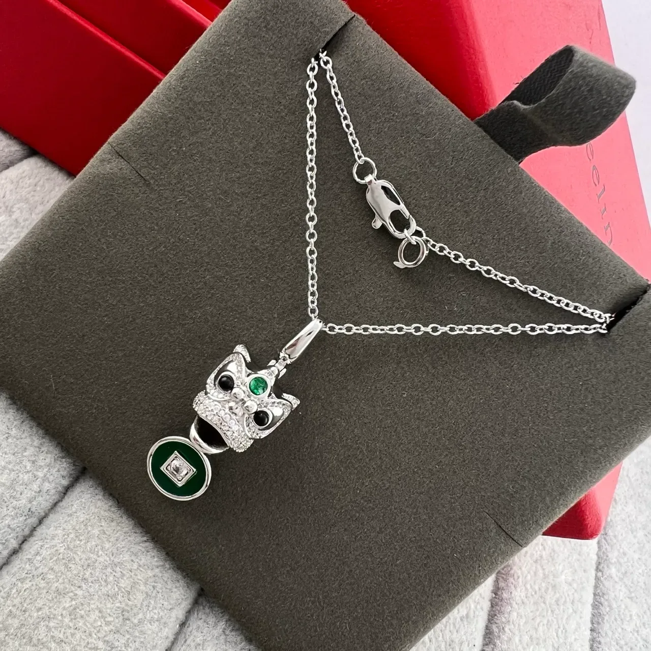 Gold Green Owl-Head Pendant Enamel Coin Charm Necklace 3