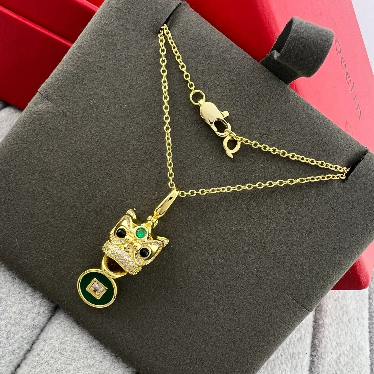 Gold Green Owl-Head Pendant Enamel Coin Charm Necklace 4