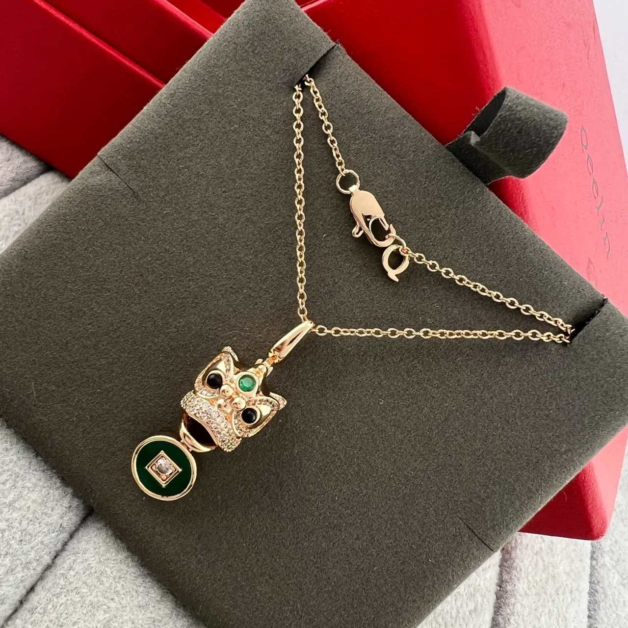 Gold Green Owl-Head Pendant Enamel Coin Charm Necklace 5