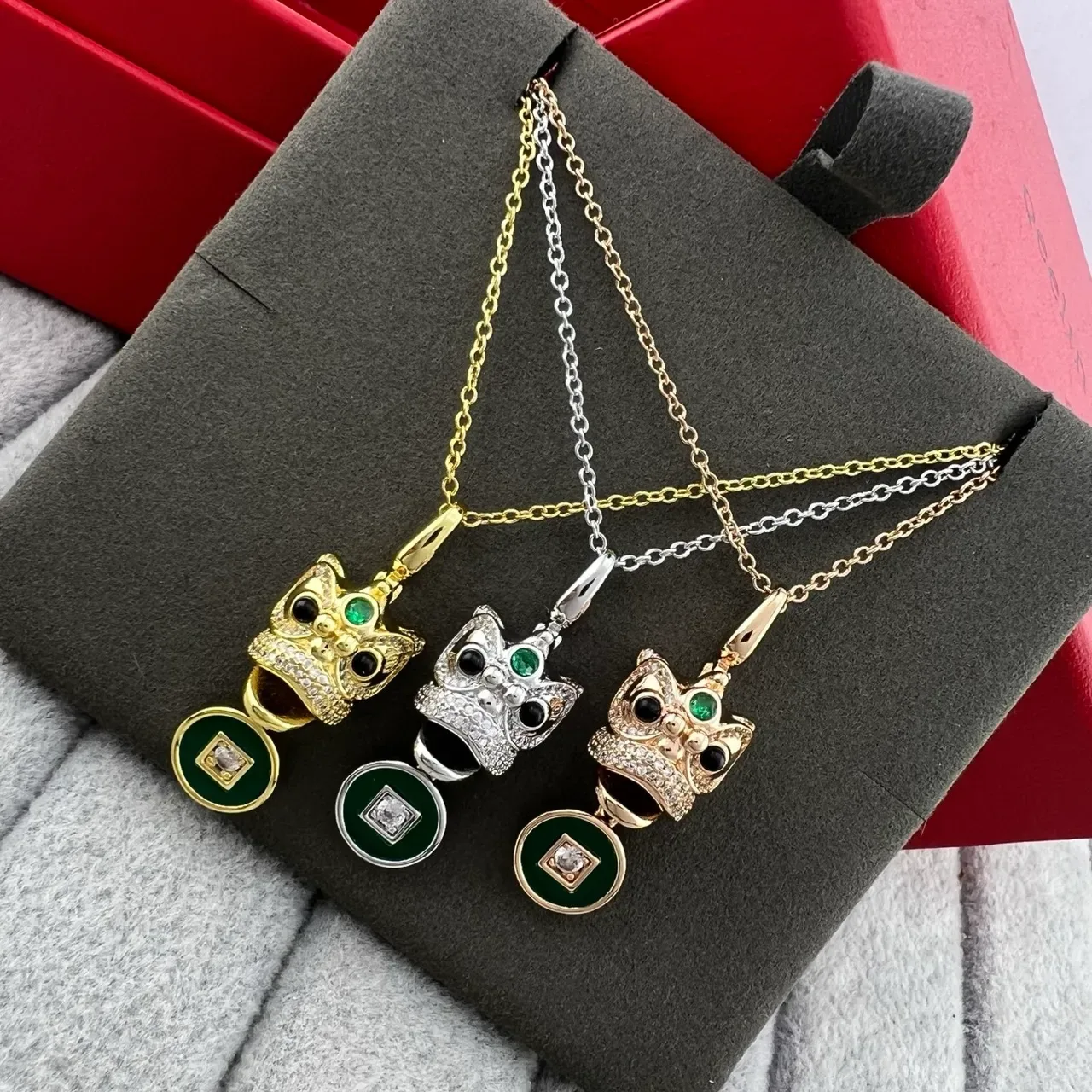 Gold Green Owl-Head Pendant Enamel Coin Charm Necklace 6