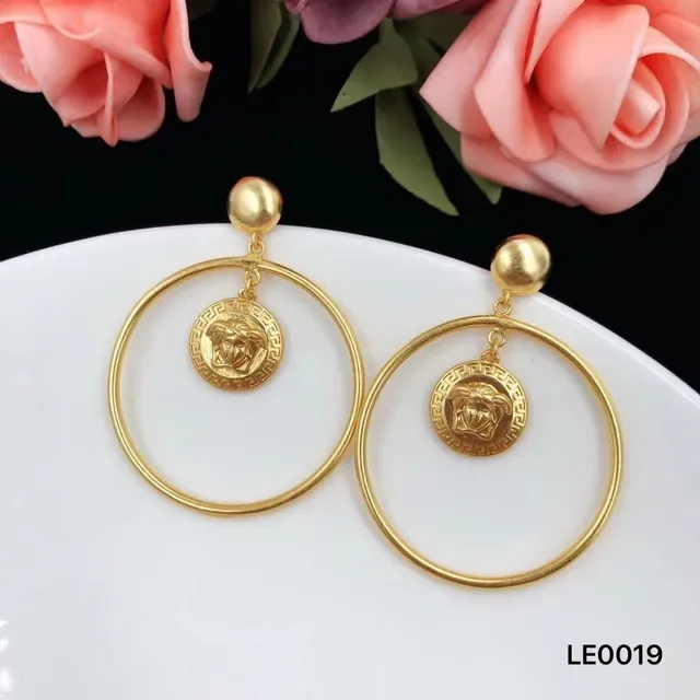 Gold Large Hoop Dangling Medallion Earrings 2
