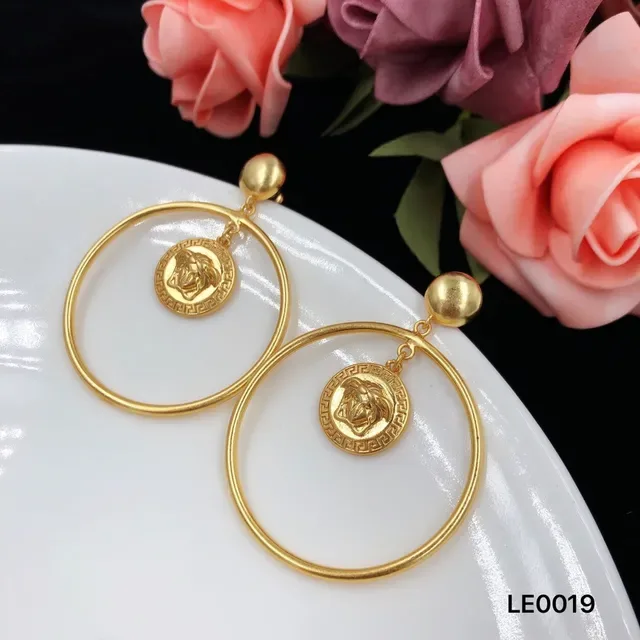 Gold Large Hoop Dangling Medallion Earrings 4