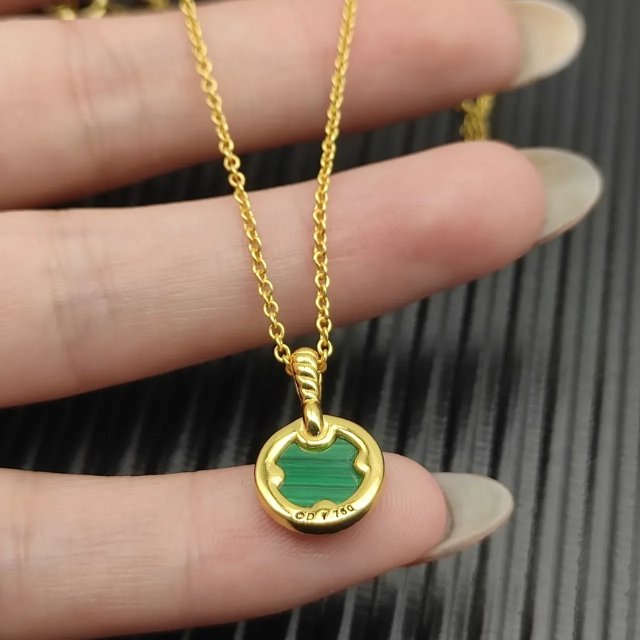 Gold Malachite Diamond Halo Pendant Necklace 4