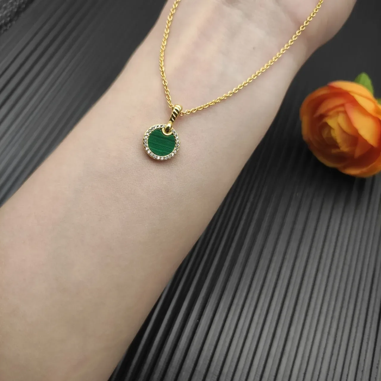 Gold Malachite Diamond Halo Pendant Necklace 6