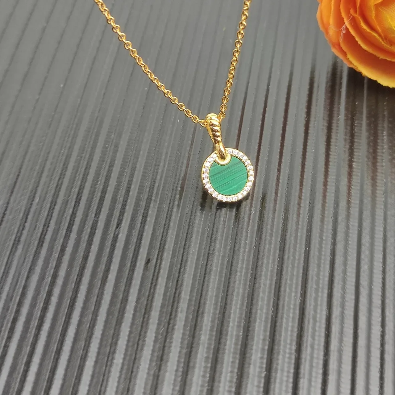 Gold Malachite Diamond Halo Pendant Necklace 7