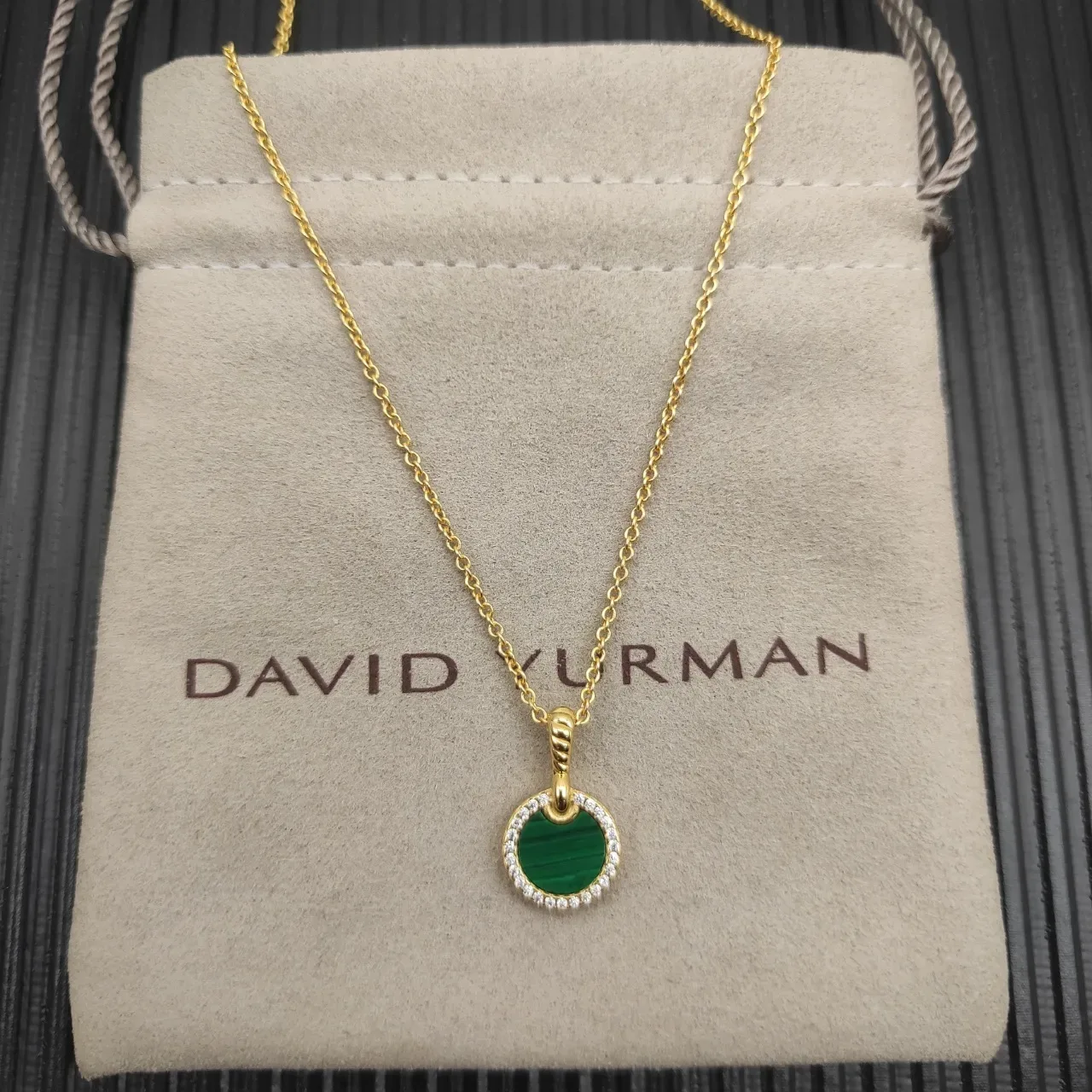 Gold Malachite Diamond Halo Pendant Necklace 9