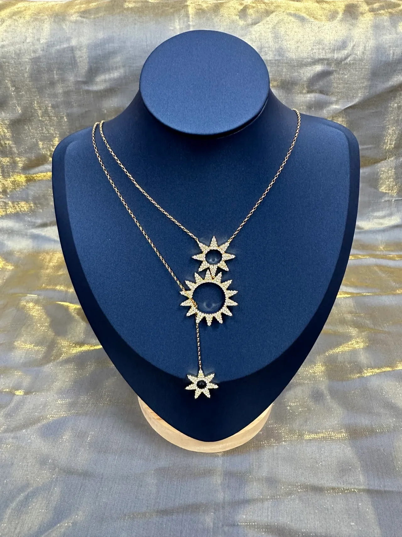Gold Navy Layered Sunburst Pendant Pavé-Set Crystals Necklace 7