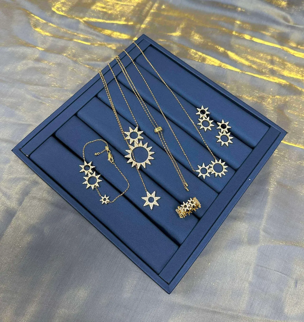 Gold Navy Layered Sunburst Pendant Pavé-Set Crystals Necklace 8