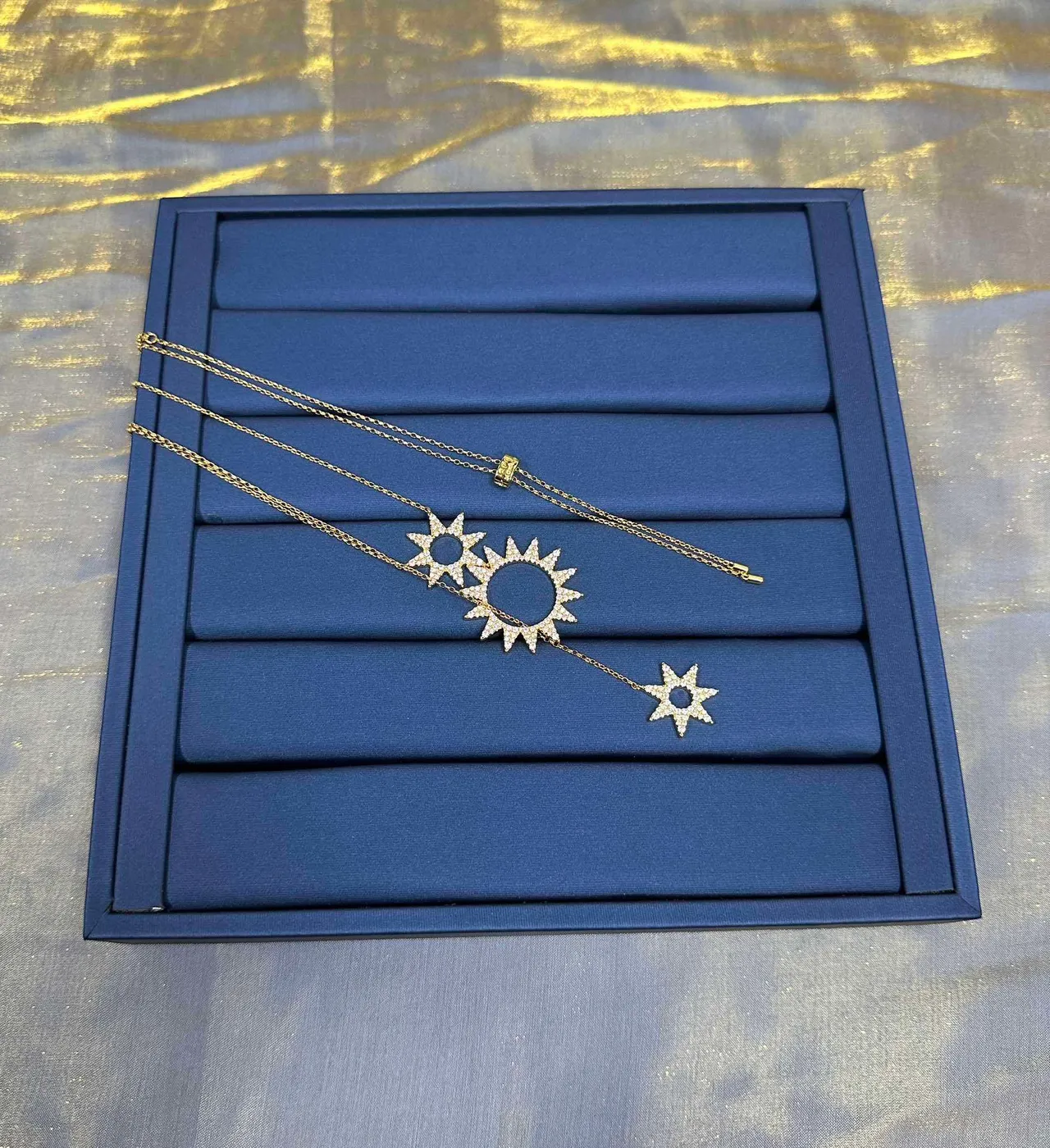 Gold Navy Layered Sunburst Pendant Pavé-Set Crystals Necklace 4