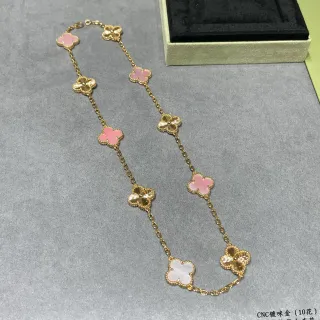 金粉色链条三叶草形花纹项链