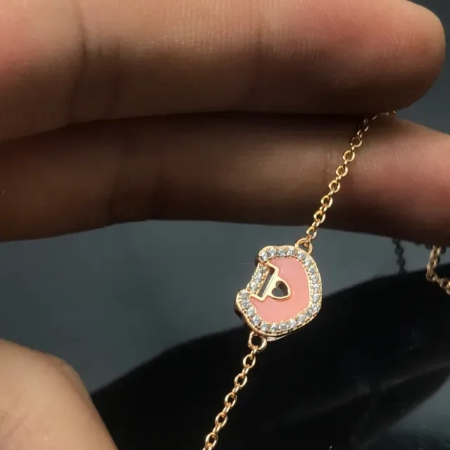 Gold Pink Chain Enamel Heart Pendant Bracelet 2