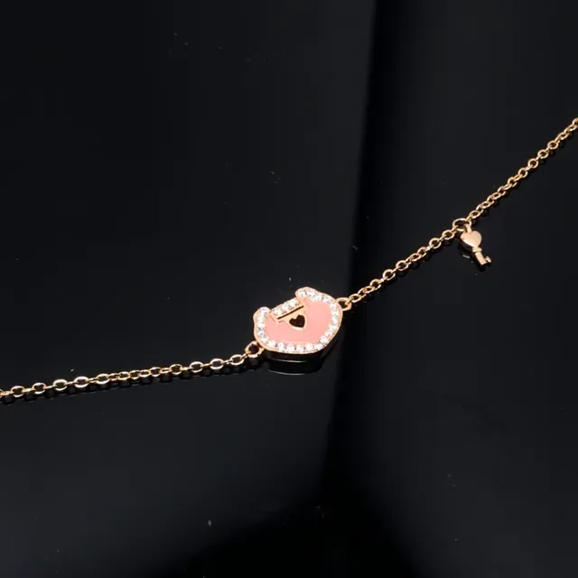 Gold Pink Chain Enamel Heart Pendant Bracelet 3