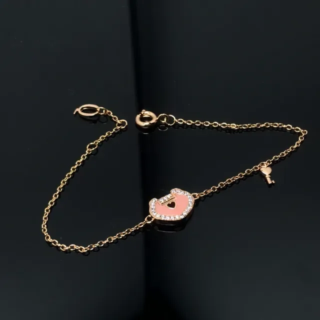 Gold Pink Chain Enamel Heart Pendant Bracelet 4