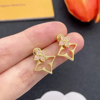 Gold Pink Metal Four-Petal Flower Motif Earrings