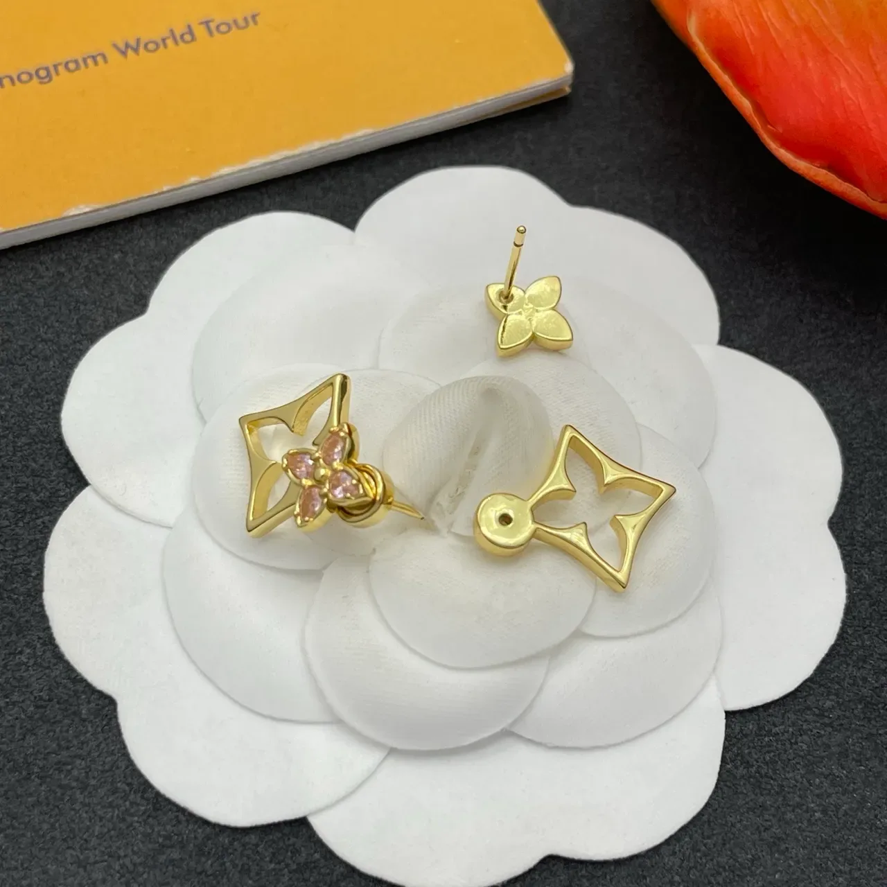 Gold Pink Metal Four-Petal Flower Motif Earrings 4