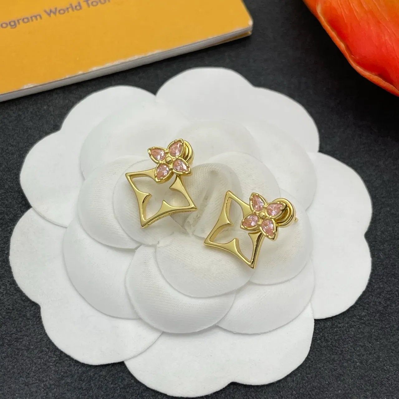 Gold Pink Metal Four-Petal Flower Motif Earrings 5