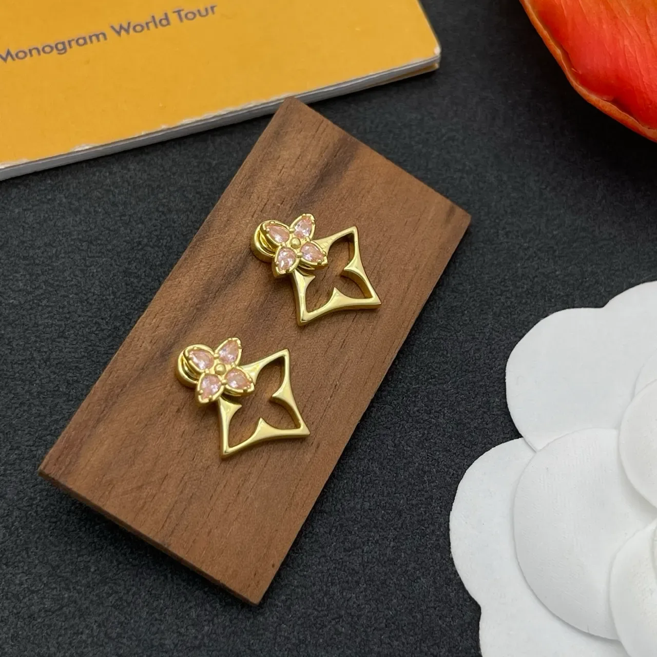 Gold Pink Metal Four-Petal Flower Motif Earrings 6