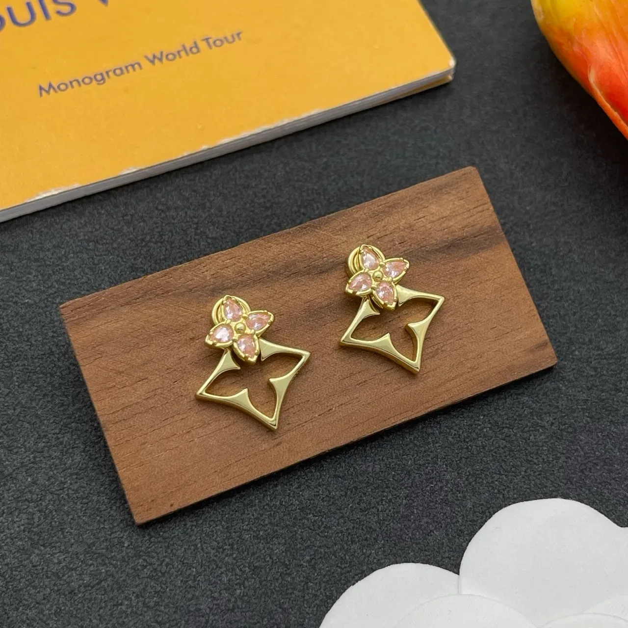 Gold Pink Metal Four-Petal Flower Motif Earrings 8