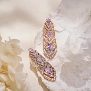 Gold Purple Ornate Filigree Pear-Shaped Gemstones Earrings
