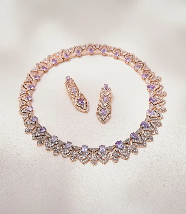 Gold Purple Ornate Filigree Pear-Shaped Gemstones Earrings 2