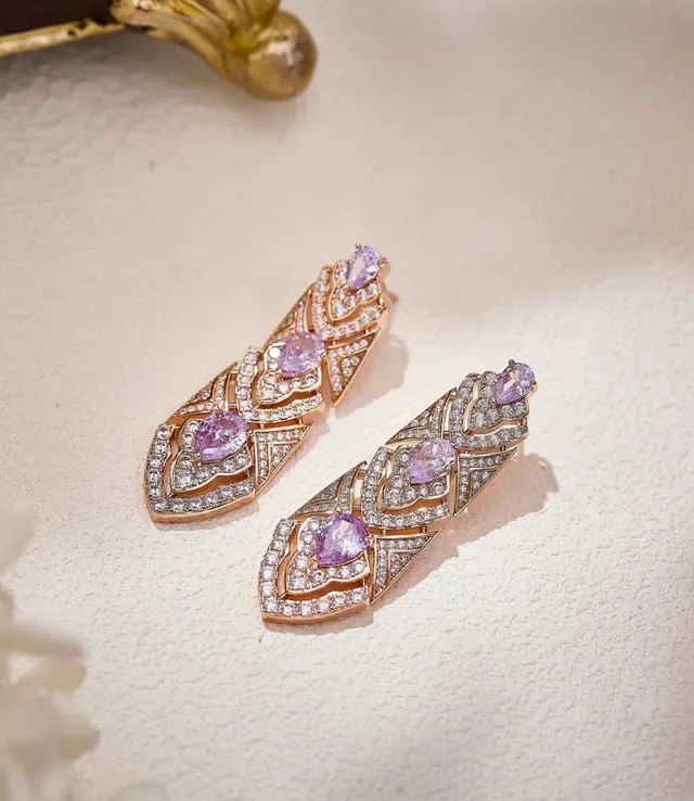 Gold Purple Ornate Filigree Pear-Shaped Gemstones Earrings 3