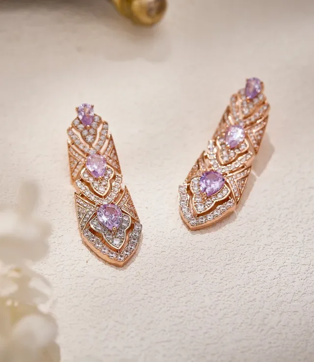 Gold Purple Ornate Filigree Pear-Shaped Gemstones Earrings 4