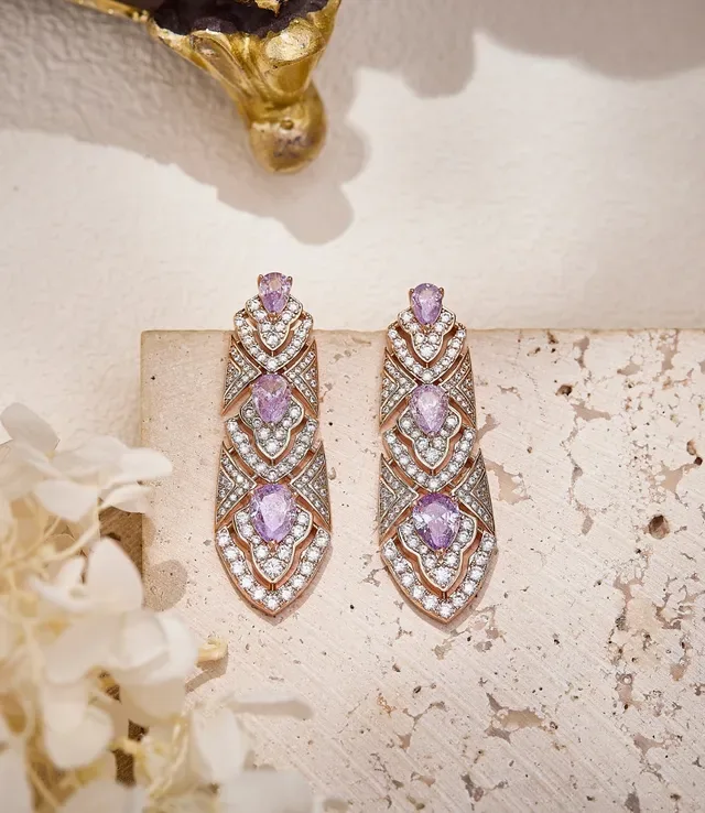 Gold Purple Ornate Filigree Pear-Shaped Gemstones Earrings 5