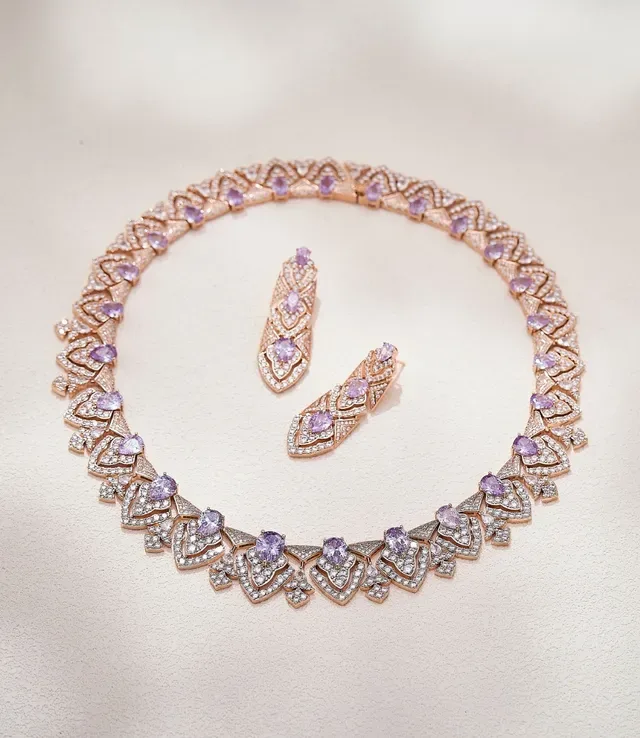 Gold Purple Ornate Filigree Pear-Shaped Gemstones Earrings 6