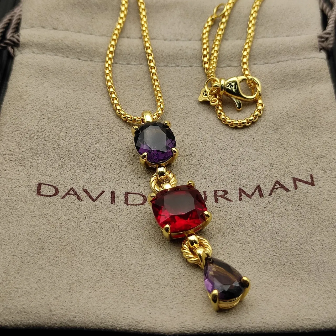 Gold Purple Three-Stone Vertical Drop Twisted-Link Connectors Necklace 9