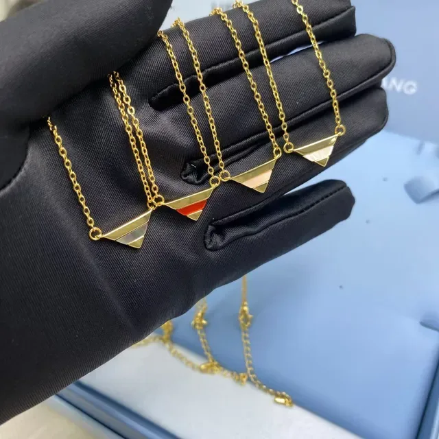 Gold Red Geometric Triangular Pendant Enamel Inlay Necklace 3