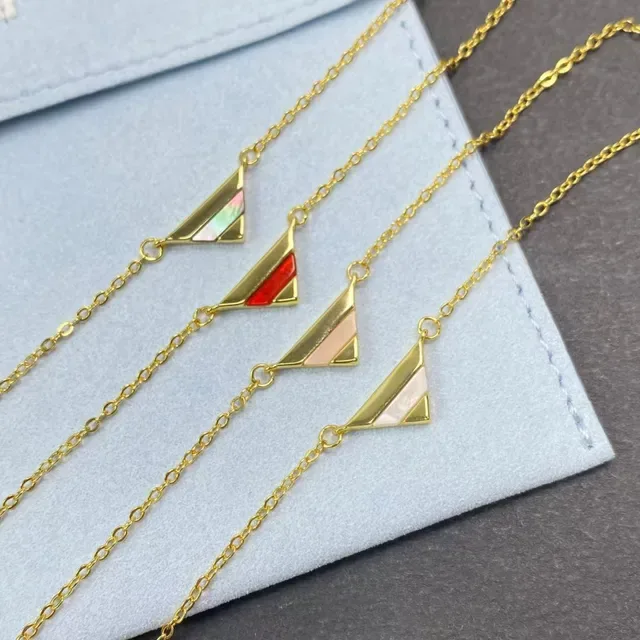 Gold Red Geometric Triangular Pendant Enamel Inlay Necklace 5
