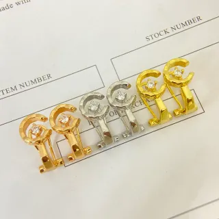 Gold Silver C-Shaped Huggie Faceted Stone Center Earrings