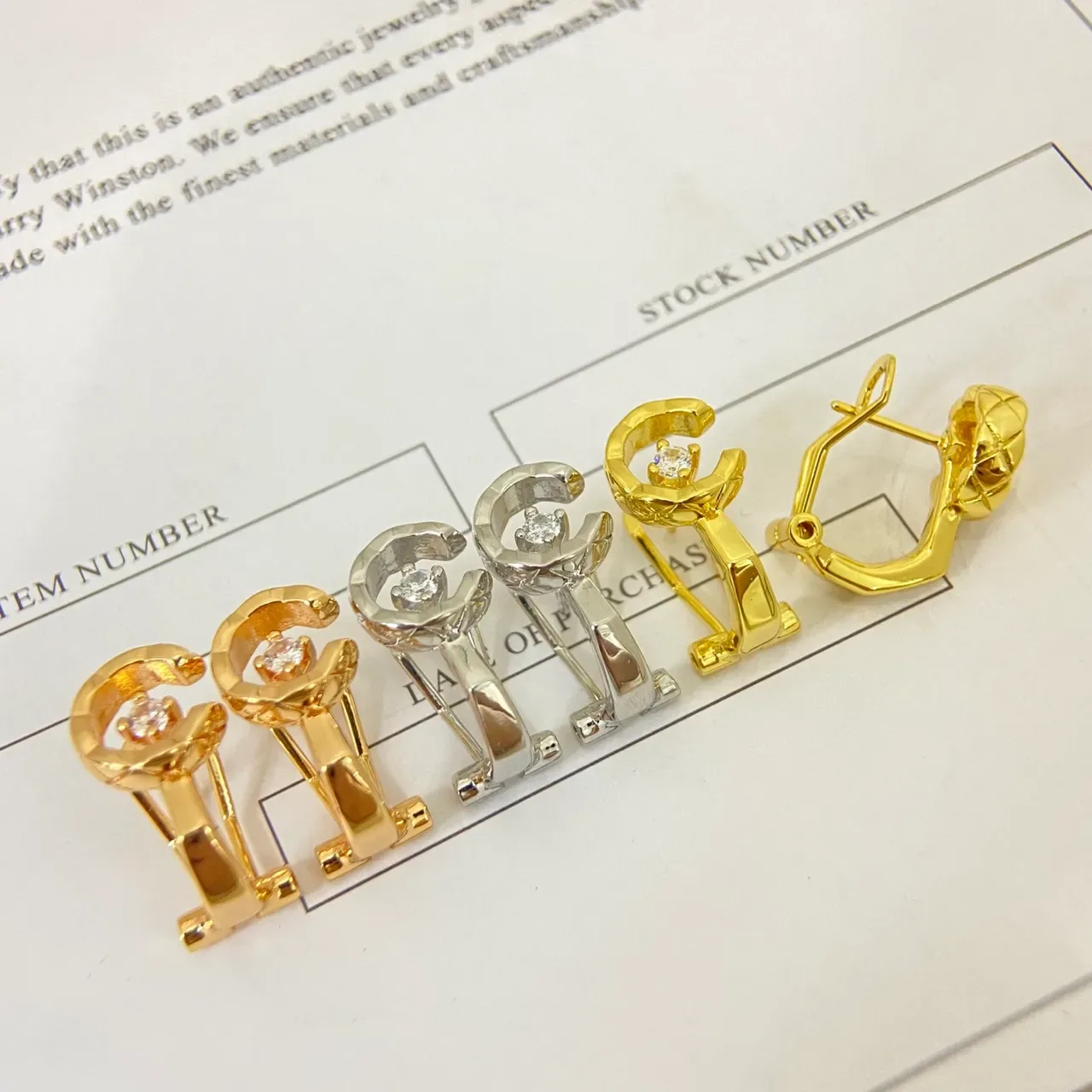 Gold Silver C-Shaped Huggie Faceted Stone Center Earrings 2