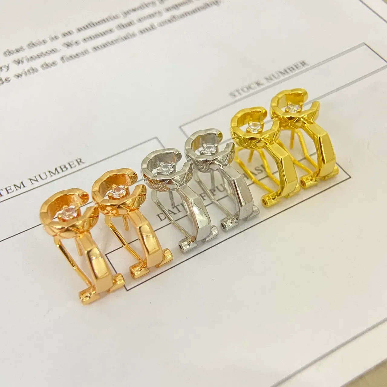 Gold Silver C-Shaped Huggie Faceted Stone Center Earrings 3